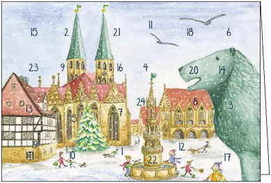 Adventskalenderkarte Braunschweig- Altstadt mit Löwe, Illustriert von Giesela Herberger