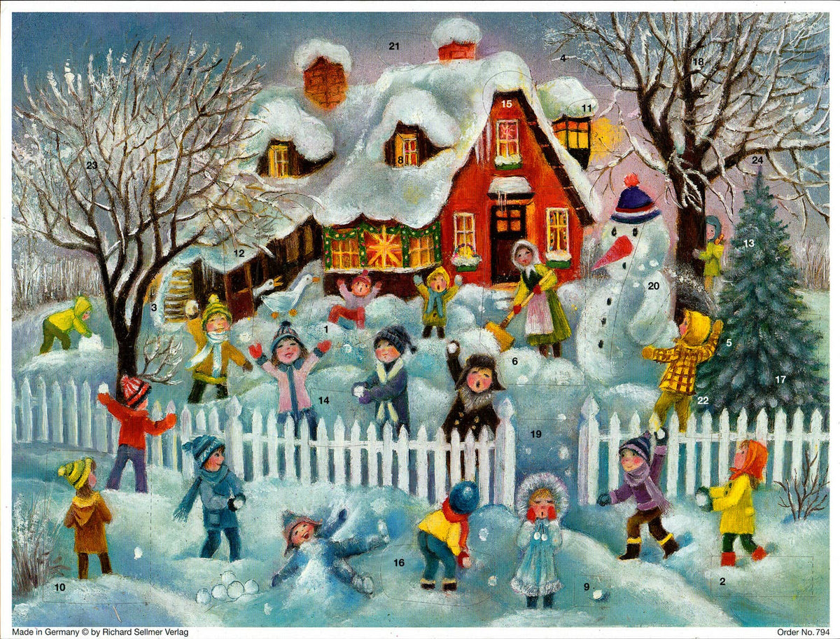Adventskalender Schneeballschlacht zeigt Kinder im Schnee, von Richard Sellmer Verlag