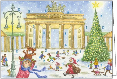 Adeventskalenderkarte Berlin Weihnachtsbaum vor dem Brandenburger To- Illustriert von Giesela Herberger