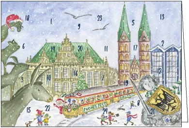 Adventskalenderkarte Bremen zeigt den Dom mit Rathaus, Illustriert von Giesela Herberger