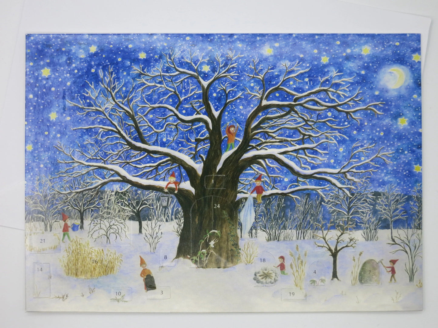Adventskalenderkarte Der Weihnachtsbaum mit Wichtelkindern von Elisabeth Heuberger AK22