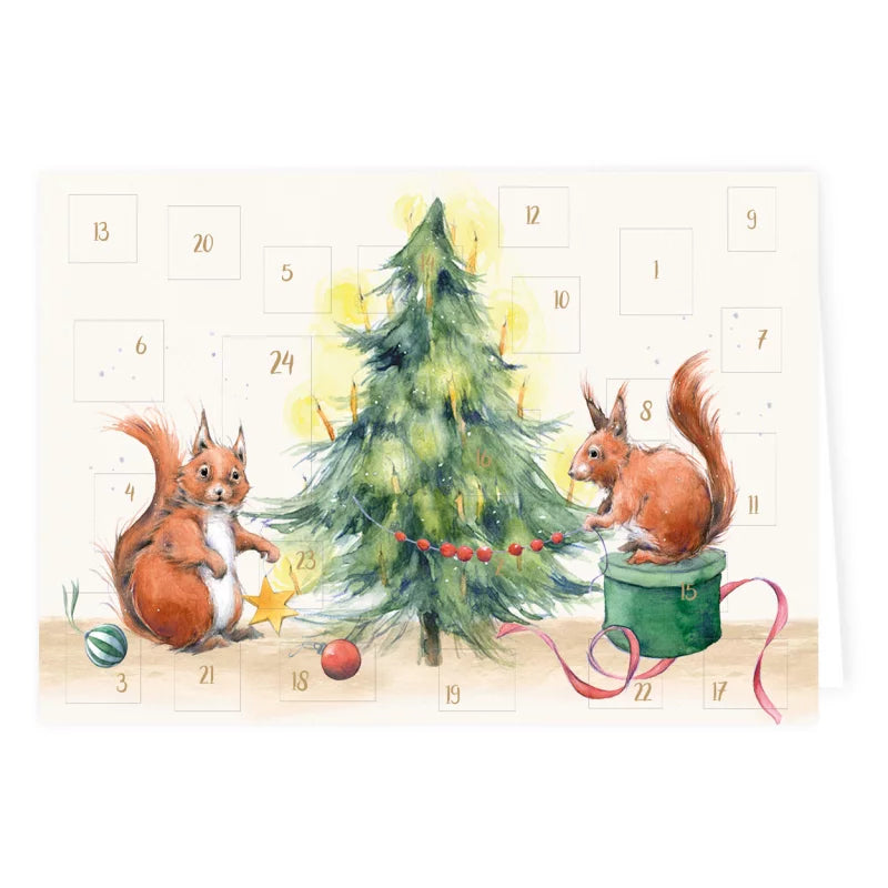Adventskalenderkarte Eichhörnchen beim Weihnachtsbaum-Schmücken von Daniela Drescher AK5
