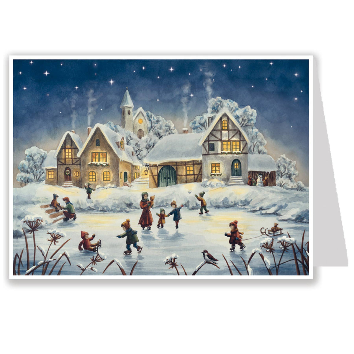 Adventskalenderkarte Eislauffreuden, Kinder laufen Schlittschuh auf dem zugefrorenen Teich- AK57