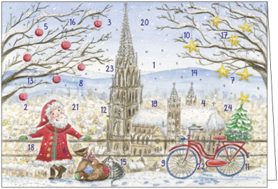 Adventskalenderkarte Freiburg mit dem Münster und Nikolaus- Illustriert von Giesela Herberger