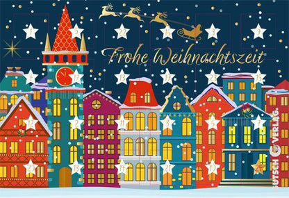 Adventskalenderkarte Frohe Weihnachtszeit, zeigt Häuserzeile, von Gutsch Verlag