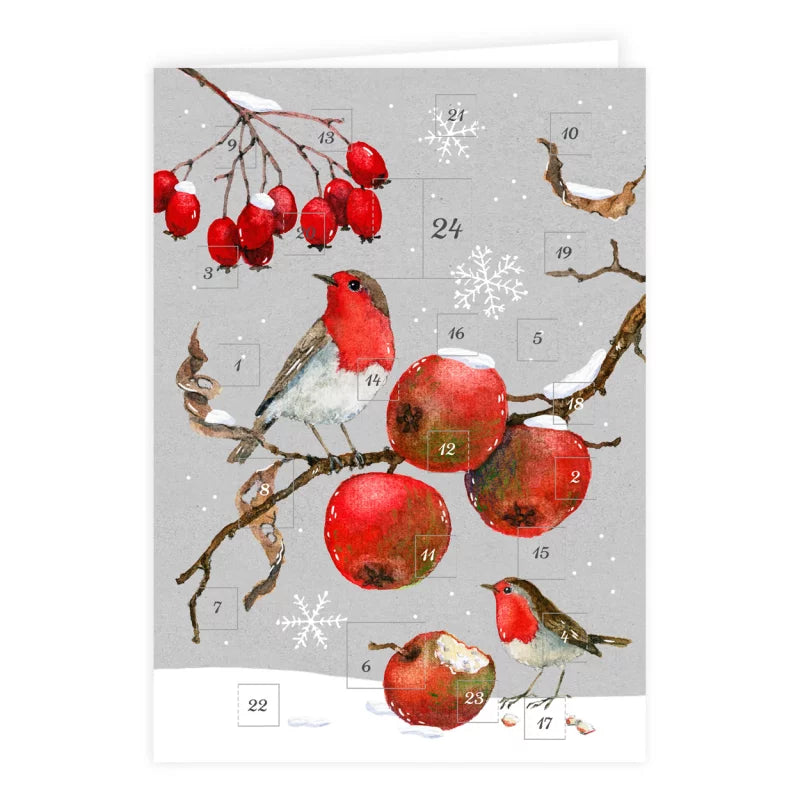 Adventskalenderkarte Frostige Beeren mit Rotkehlchen und Zieräpfeln von Daniela Drescher AK1