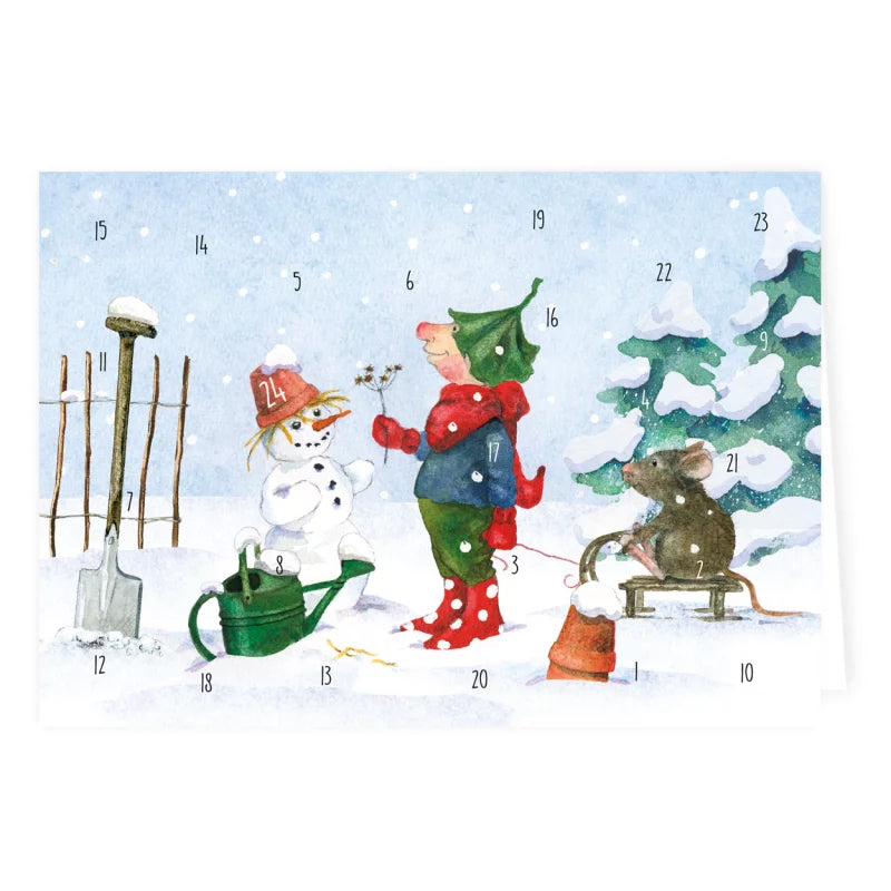 Adventskalenderkarte Giesbert mit Wichtel, Schlitten und Schneemann von Daniela Drescher AK3