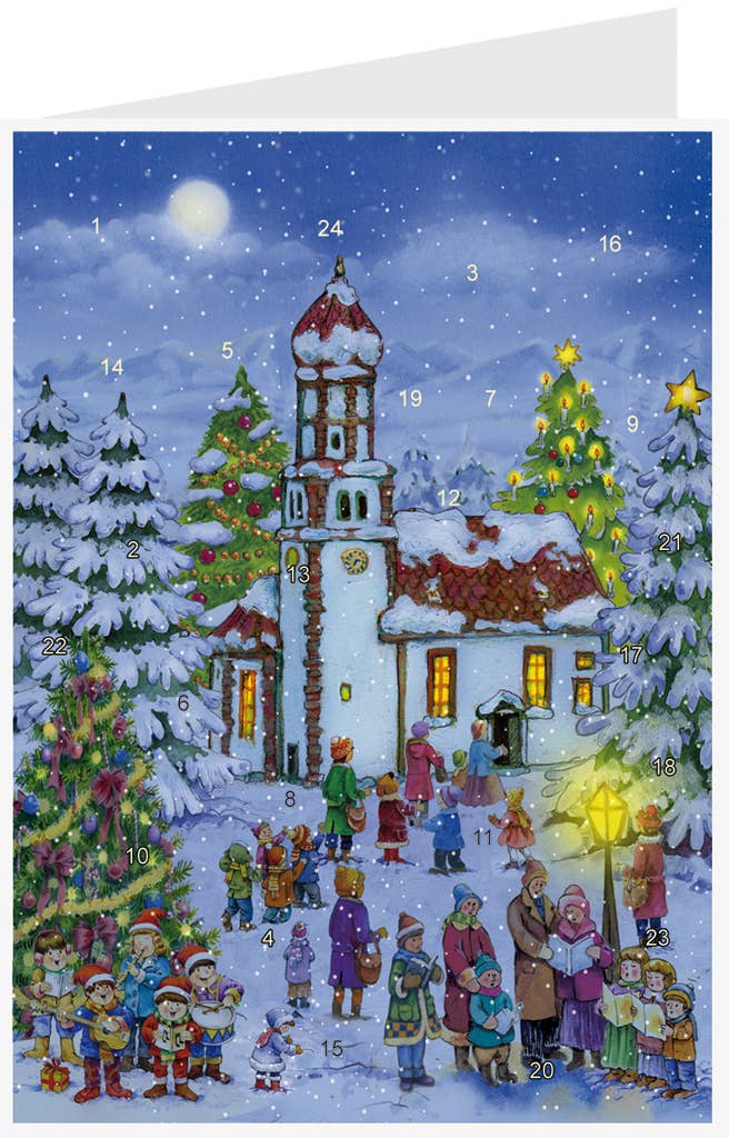 Adventskalenderkarte Heiligabend an der Kirche, verschneite Kirche am Heiligabend, Kinder und Erwachsen auf dem eg in die Kirche- Richard Sellmer Verlag