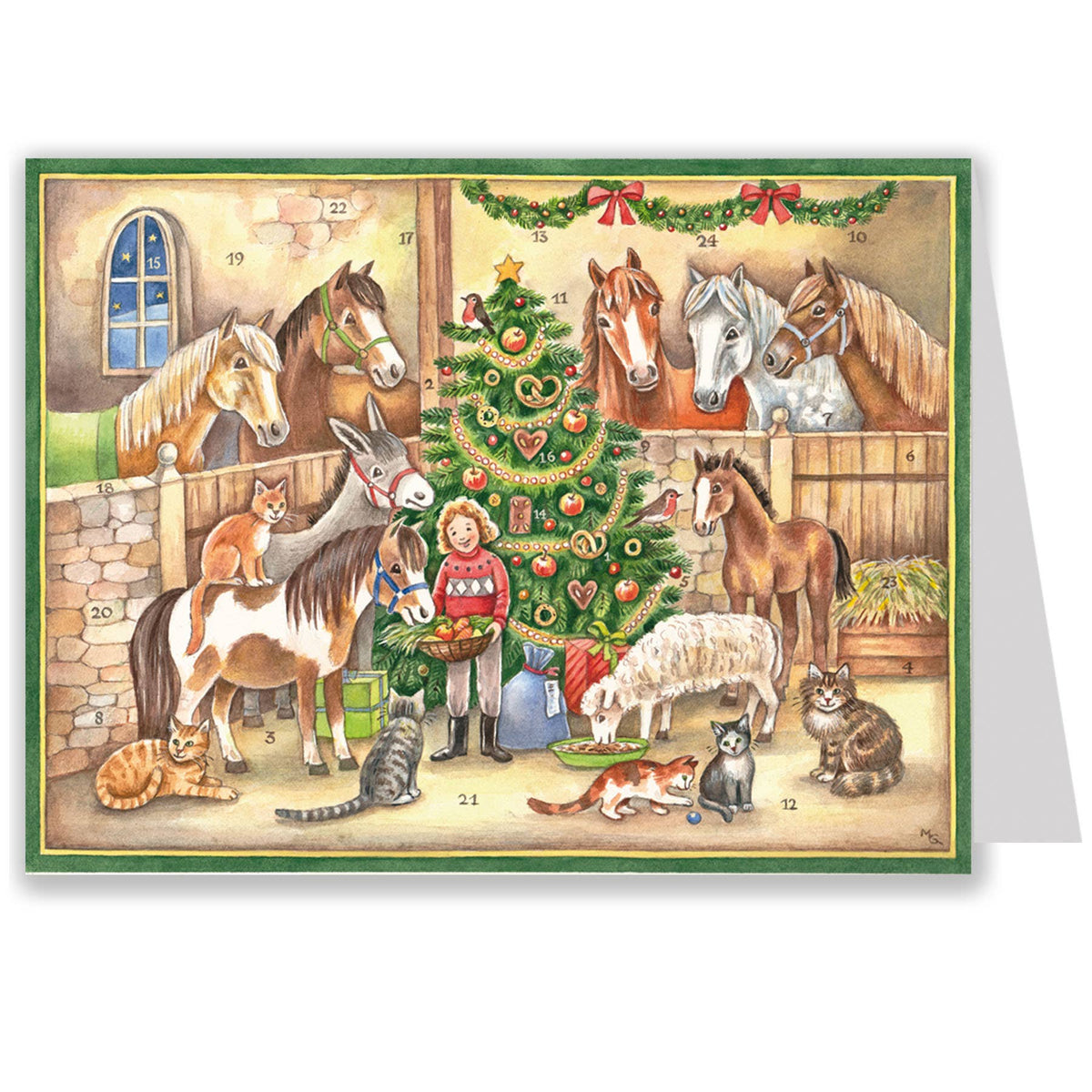 Adventskalenderkarte Im Stall, Mädchen füttert Tiere zu Weihnachten- AK60