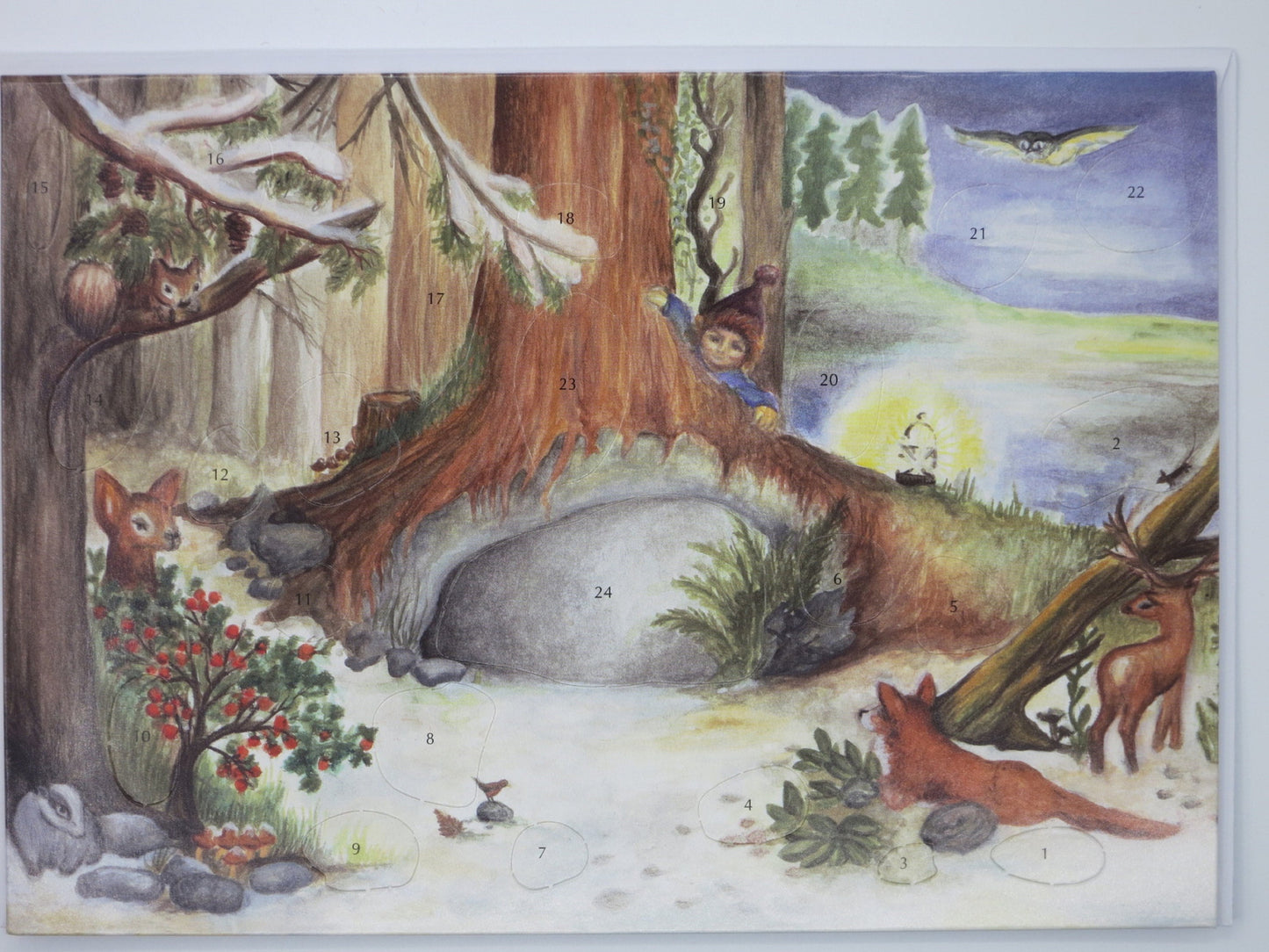Adventskalenderkarte Im Wald bei den Tieren mit Wichtel und Waldtieren von Effi Spalinger AK16