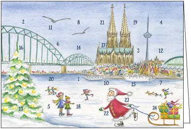 Adventskalenderkarte Köln mit Dom und Schlittschuhläufern von Gisela Herberger AK45