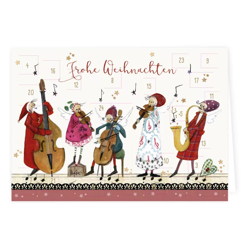 Adventskalenderkarte Musikanten mit musizierenden Weihnachtsfiguren von Silke Leffler AK25