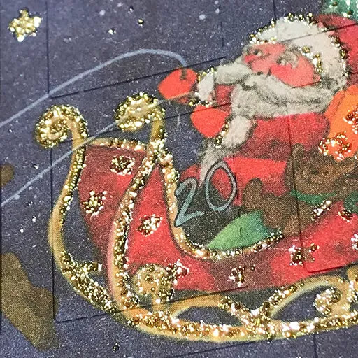 Detailaufnahme Goldglitzer Adventskalenderkarte Nikolaus im Schlitten AK39