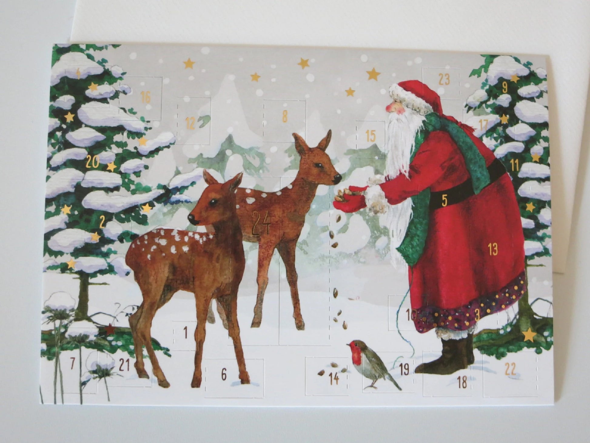 Adventskalenderkarte Rehfütterung mit Weihnachtsmann und Rehen von Daniela Drescher AK30