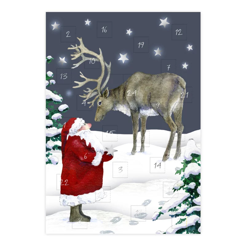 Adventskalenderkarte Rentier mit Weihnachtsmann unterm Sternenhimmel von Daniela Drescher AK4