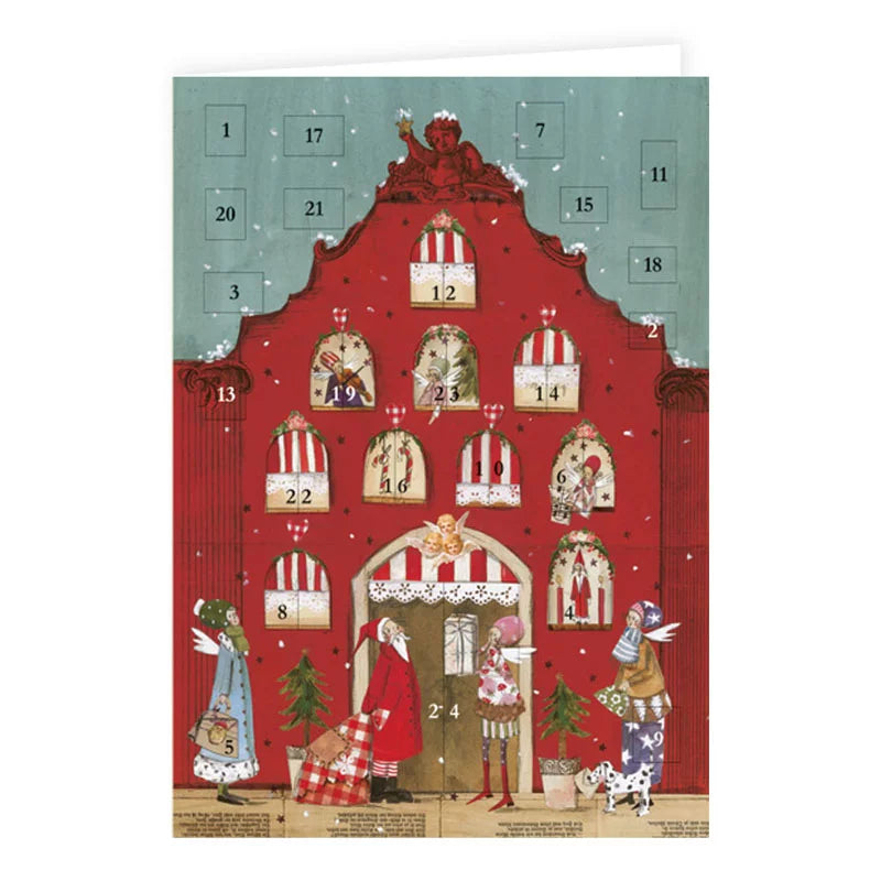 Adventskalenderkarte Rotes Haus mit Engeln und Weihnachtsmann von Silke Leffler AK15