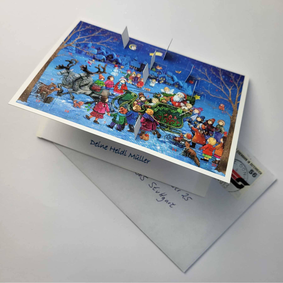 Adventskalender Schlittenfahrt mit dem Weihnachtsmann, Detailansicht von seitlich, oben- AK63