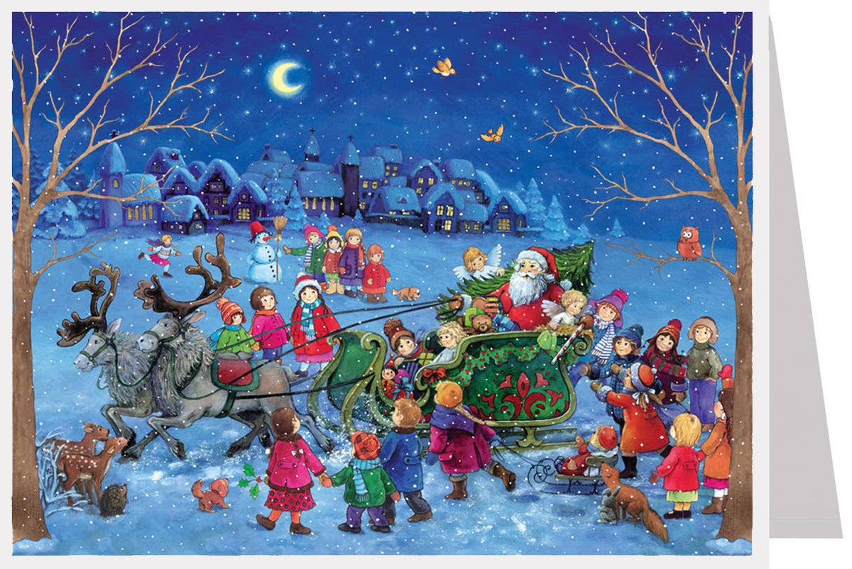 Adventskalenderkarte Schlittenfahrt mit dem Weihnachtsmann, Kinder im Schnee mit dem Weihnachtsschlitten, AK63