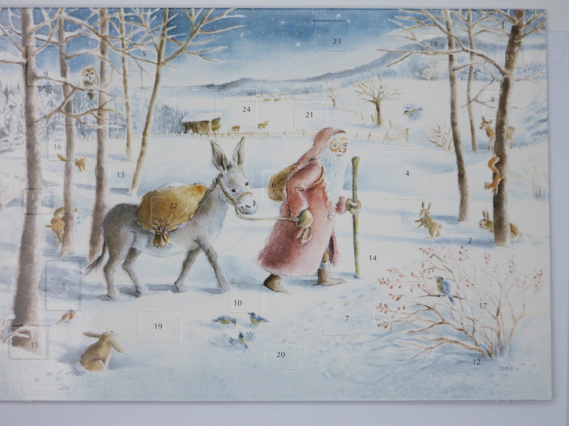 Adventskalenderkarte St. Nicolaus und der Esel im Winterwald von Dorle Schausbreitner AK33