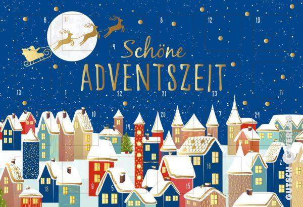 Adventskalenderkarte Stadt zeigt Nikolaus mit Schlitten über Stadt, von Gutsch Verlag