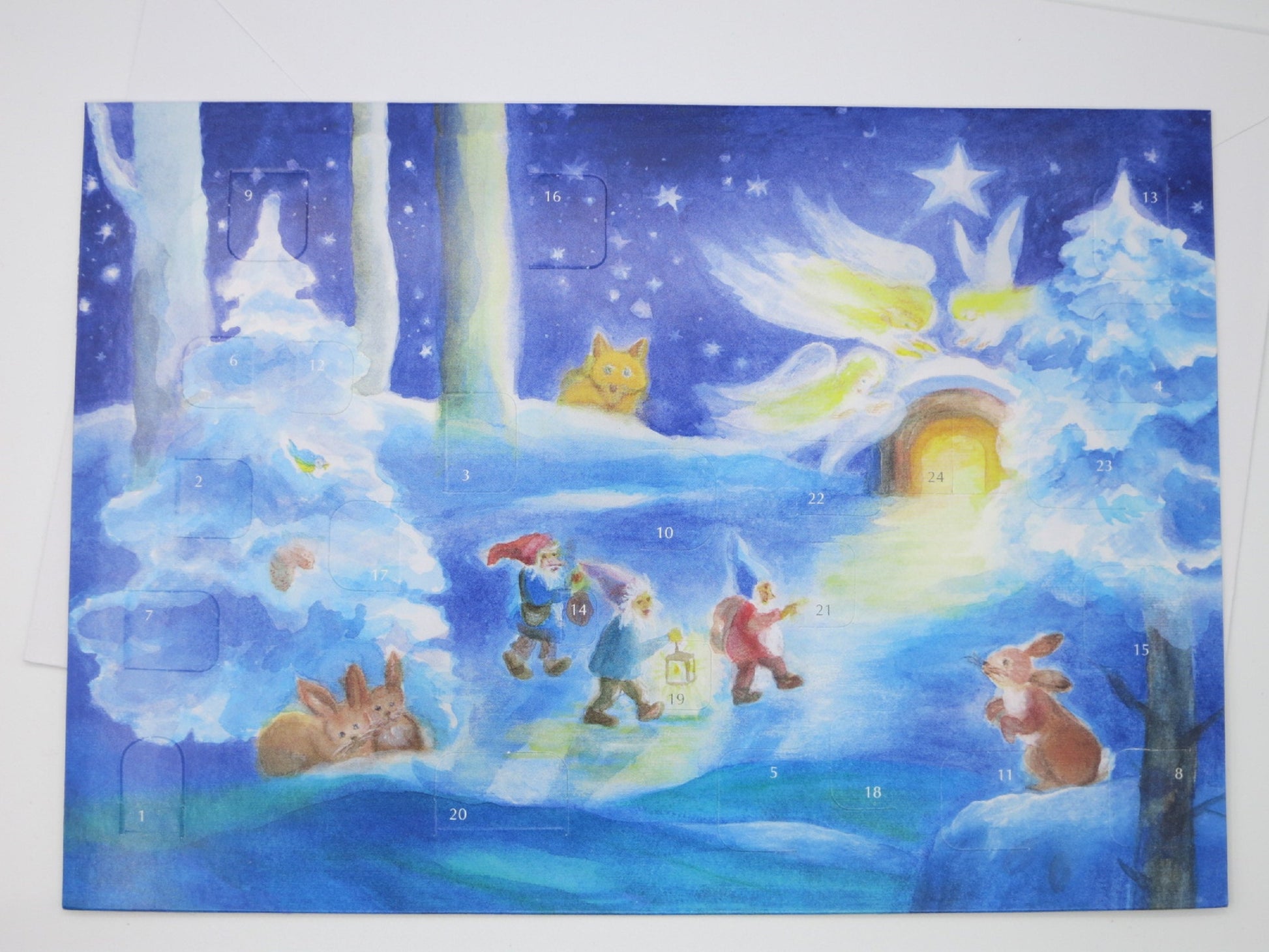 Adventskalenderkarte Und es begab sich mit Engeln und Wichteln von Angela Koconda AK24
