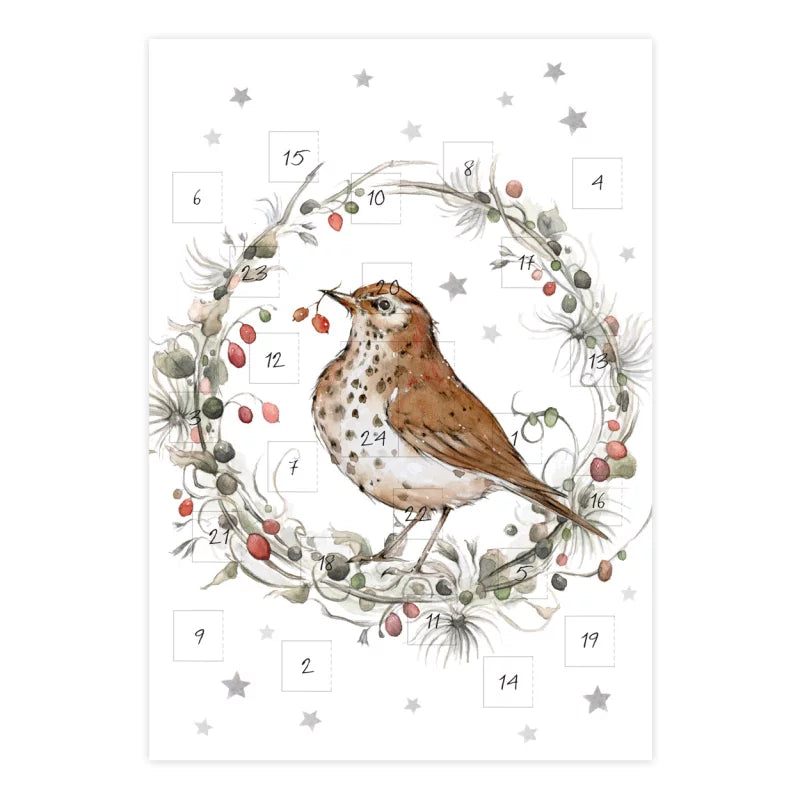 Adventskalenderkarte Vogel mit Drossel im Beerenkranz von Sophia Drescher AK6