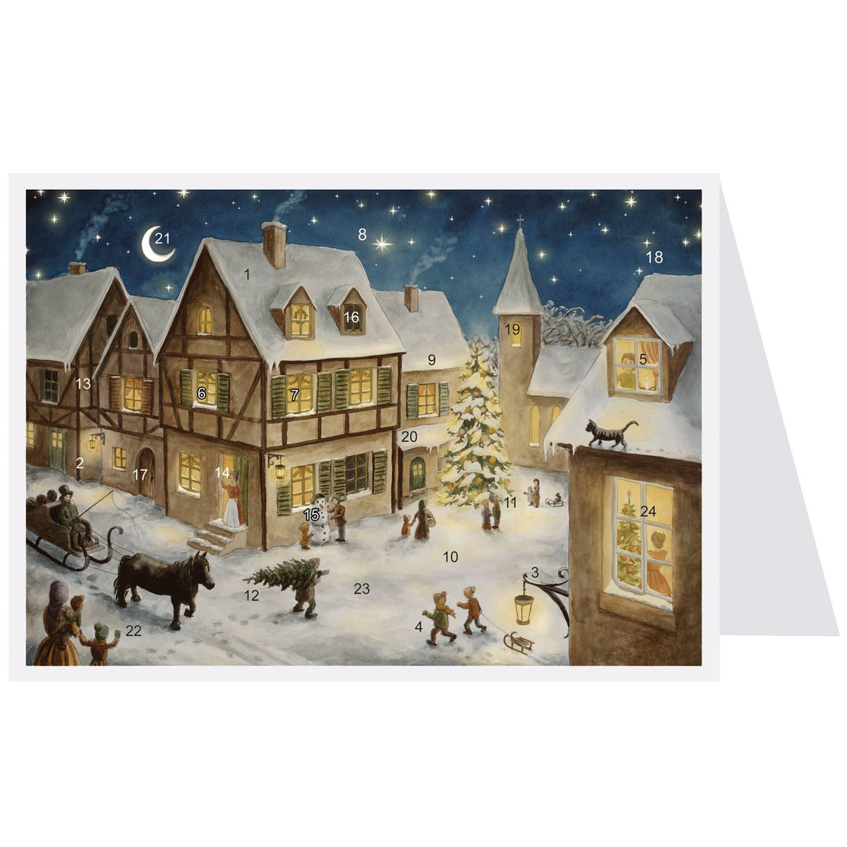 Adventskalenderkarte Weihnachtsabend im Dorf, verschneites Dorf im Advent - AK56