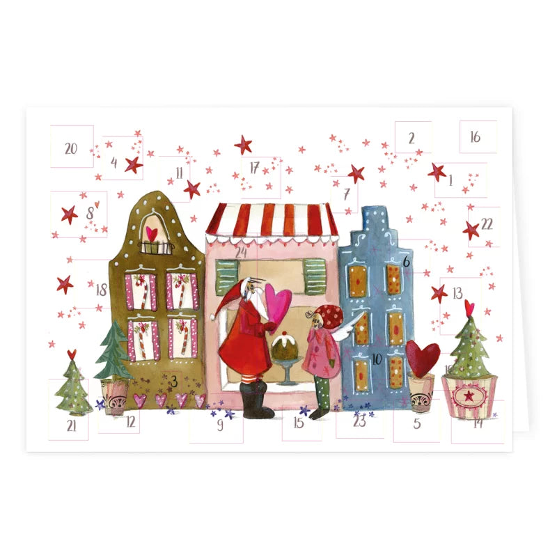 Adventskalenderkarte Weihnachtshäuser mit Weihnachtsmann und Engel von Silke Leffler AK26