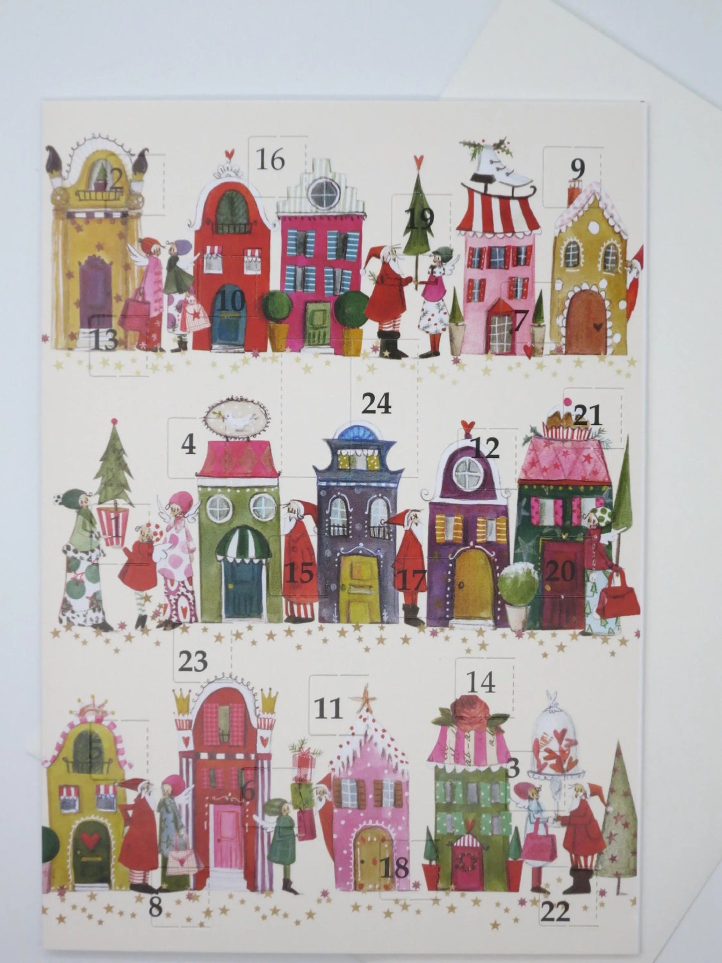 Adventskalenderkarte Weihnachtshäuser mit fünfzehn Stadthäusern von Silke Leffler AK29