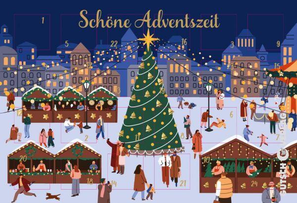 Adventskalenderkarte Weihnachtsmarkt mit großer Tanne und Buden, von Gutsch Verlag
