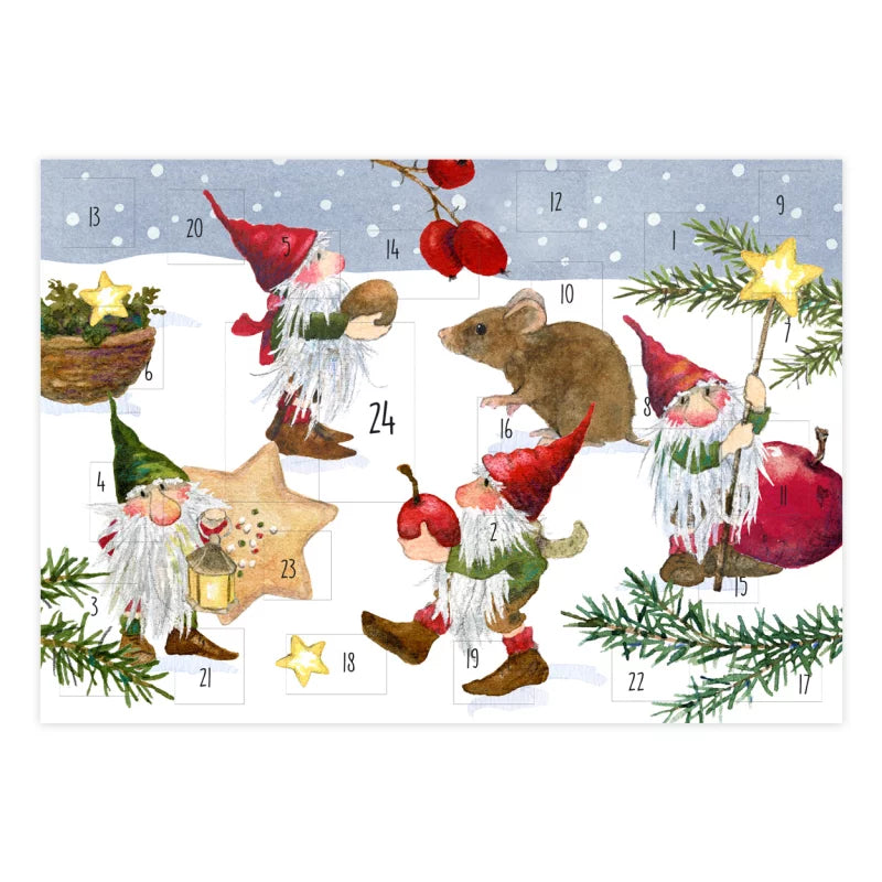 Adventskalenderkarte Wichtel mit fünf Wichtelfiguren und Maus von Daniela Drescher AK8
