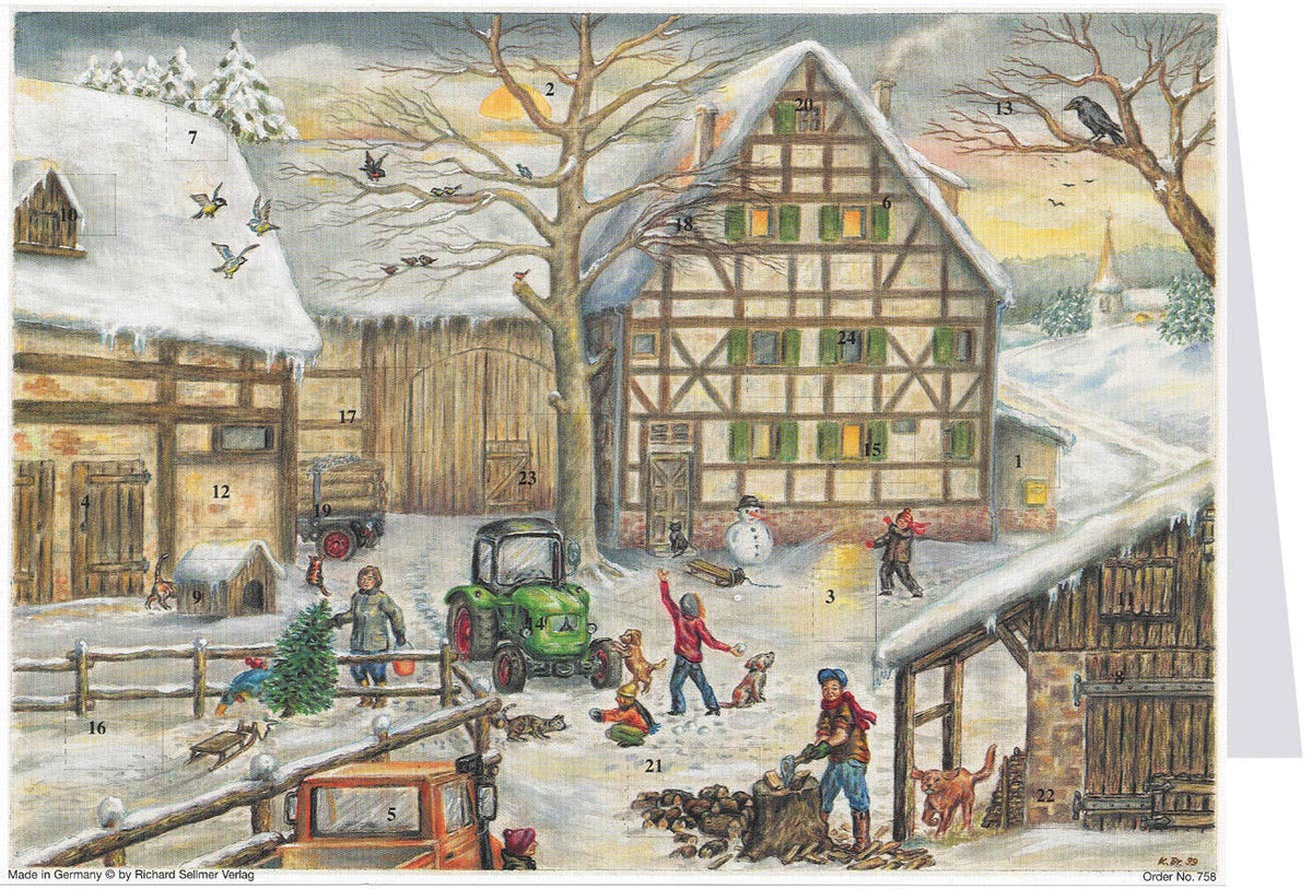 Adventskalenderkarte Winter auf dem Bauernhof, Familie im Winter auf dem Hof- AK64