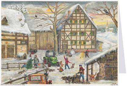 Adventskalenderkarte Winter auf dem Bauernhof, Familie im Winter auf dem Hof- AK64