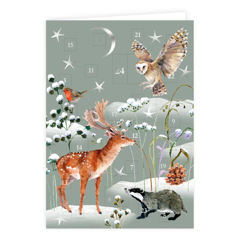 Adventskalenderkarte Winternacht mit Rothirsch und Waldtieren von Daniela Drescher AK27