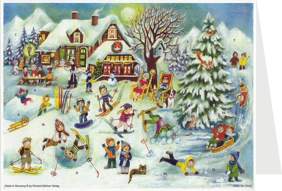 Adventskalenderkarte Wintersport, Kinder im Schnee mit Ski und Schlitten - AK62