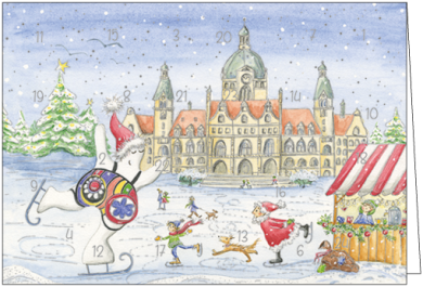 Adventskalenderkarte Hannover - Rathaus im Schnee, Illustriert von Giesela Herberger