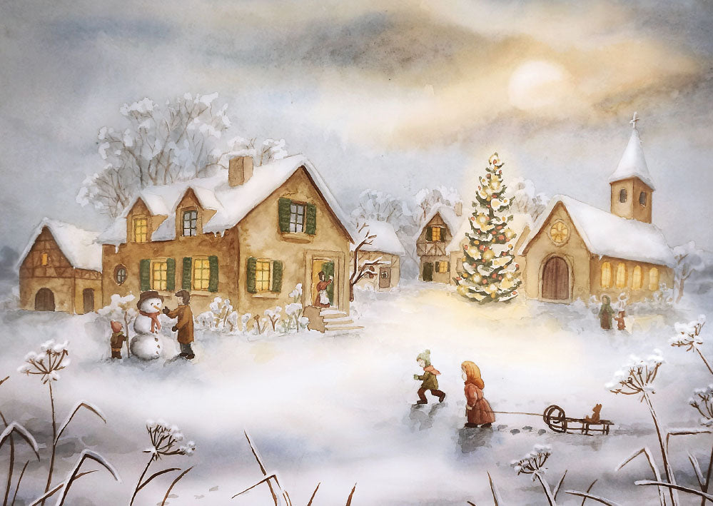 Am Weihnachtstag Weihnachtspostkarte – verschneites Fachwerkdorf mit Weihnachtsbaum, Raphaela Berendt, Jahreszeitentisch