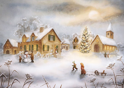 Am Weihnachtstag Weihnachtspostkarte – verschneites Fachwerkdorf mit Weihnachtsbaum, Raphaela Berendt, Jahreszeitentisch