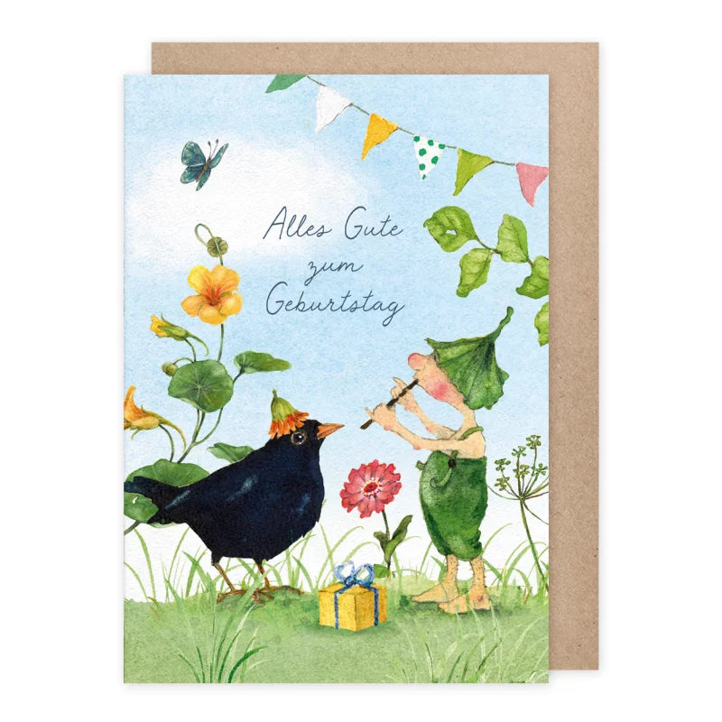 Geburtstagskarte mit Amsel und musizierendem Wichtel im Kapuzinerkresse-Garten – Alles Gute zum Geburtstag GK1