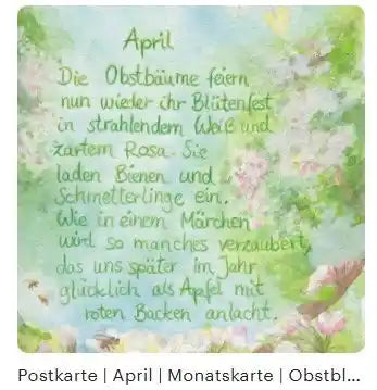 April- Monatspostkarte von Christiane Cousquer, Obstbaum mit Blüten und Biene PKFR244