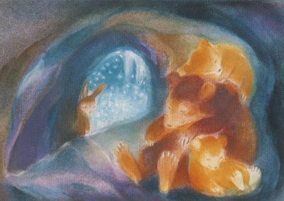 Waldorf Postkarte fuer Kinder: Baerenfamilie schlaeft in Hoehle im Winter, Postkarte von Marie Laure Viriot