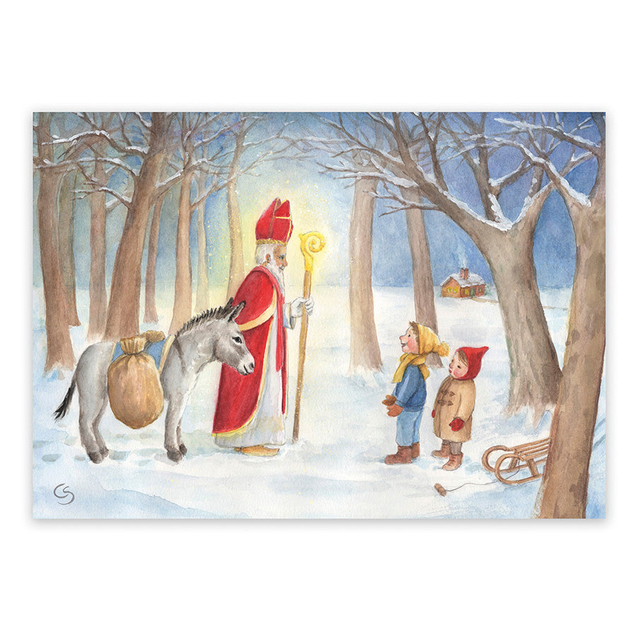 Kunstpostkarte Begegnung mit dem Nikolaus von Corinna Schwerdtfeger – Nikolaus trifft Kinder im Winterwald, PKWI107