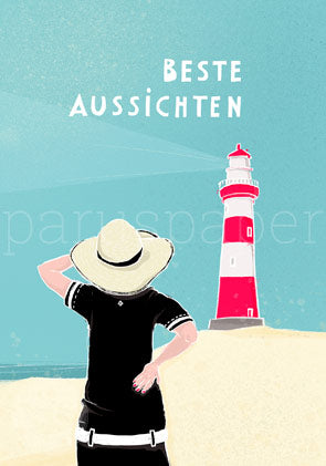 Postkarte Beste Aussichten: Mann am Strand mit Leuchtturm – PKGR53
