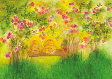 Postkarte Bienen im Rosenhag von Anke Christel-Weidemann – Strohbienenkoerbe zwischen Rosen