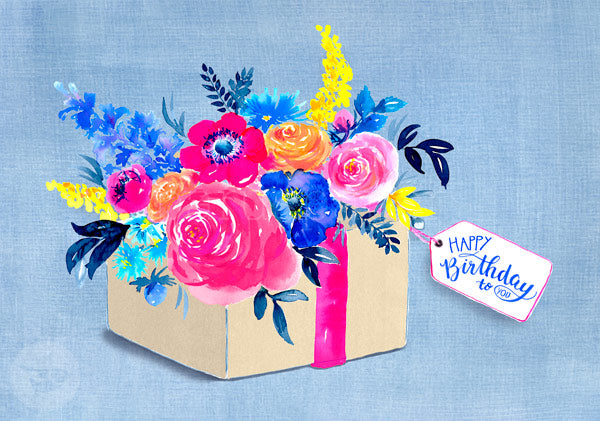 Geburtstagskarte mit Blumenkarton aus Rosen, Anemonen und Mimose – Happy Birthday to you GK33