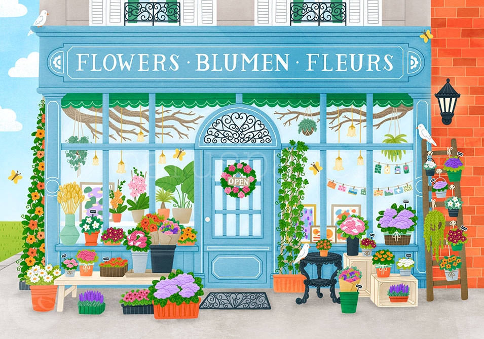 Klappkarte mit detailreichem Blumenladen-Schaufenster, Tauben und Schmetterlingen – Der zauberhafte Blumenladen PKGR37