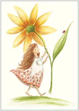 Postkarte Blumenmädchen von Gisela Herberger – Maedchen mit riesiger Bluete und Marienkaefer