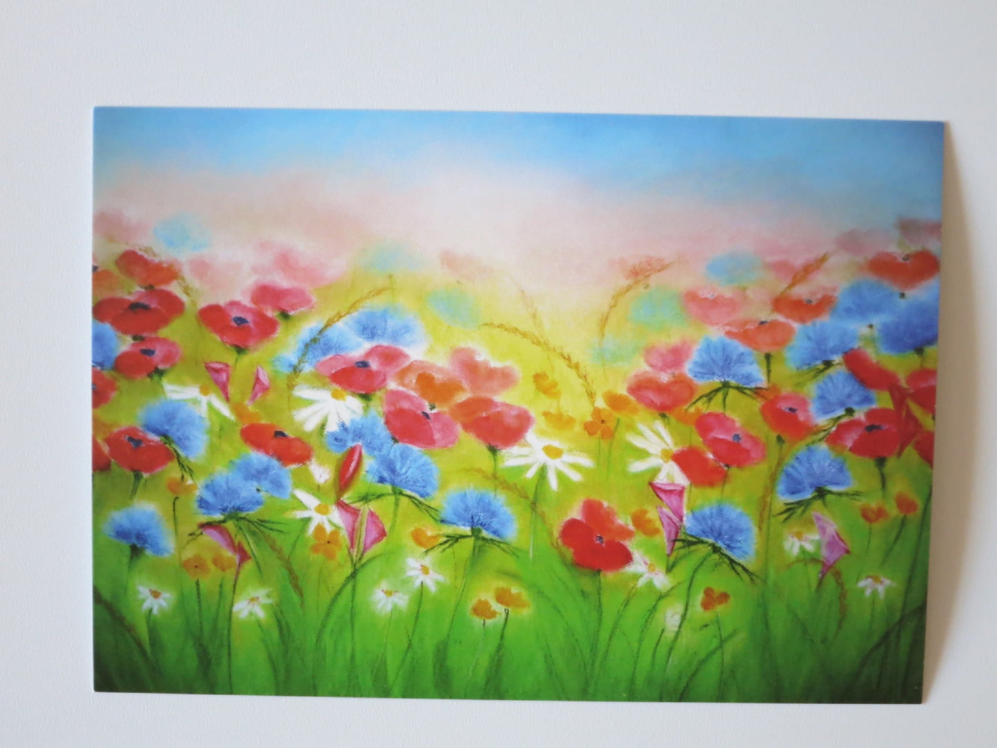 Waldorf Postkarte Blumenwiese von Baukje Exler – Mohn und Kornblumen im Gegenlicht