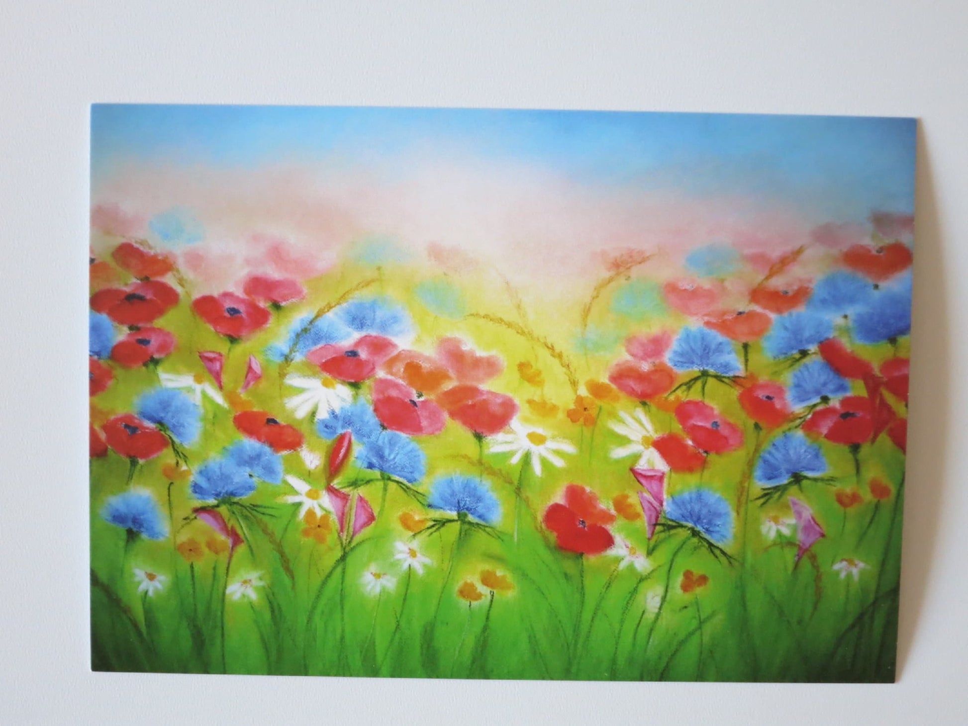 Waldorf Postkarte Blumenwiese von Baukje Exler – Mohn und Kornblumen im Gegenlicht
