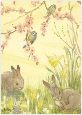 Häschen und Blaumeisen auf Frühlingswiese - Postkarte - Waldorf  Art.Nr.PKFR174